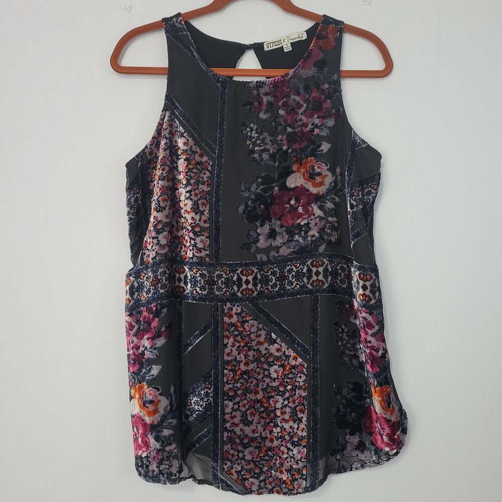 Sleeveless Dark Floral Velvet Burnout Top size S Black Multi Boho Fairy Grunge